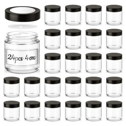 4 oz Glass Jars with Lids, 24 Pack Clear Small Glass Jars with Black Lids Leakproof Round Airtight Empty Cosmetic Travel Containers with Inner Liners For Lotions Powders and Candle Making