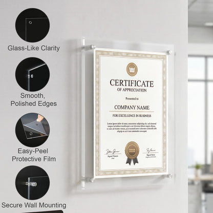 EHWINE 11x14 Acrylic Picture Frame Wall Mount 2 Pack, Floating Frameless Clear Photo Display, Certificate Diploma Poster Document Frame for Home, Office, School, Gallery Decor with Silver Hardware