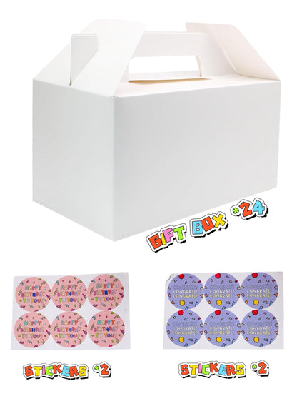 Treelement 24 Pack White Gable Boxes with Handle and Stickers,6×3.5×3.5 Inch Goodie Treat Boxes for Cookie, Party Favors,Birthday,Graduation,Lunch,Holiday Gifting
