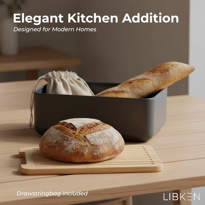 Countertop, LIBKEN Bread Box Extra Thick Steel Bread Bin with Bamboo Cutting Board Lid & Drawstring Bread Bag - Modern