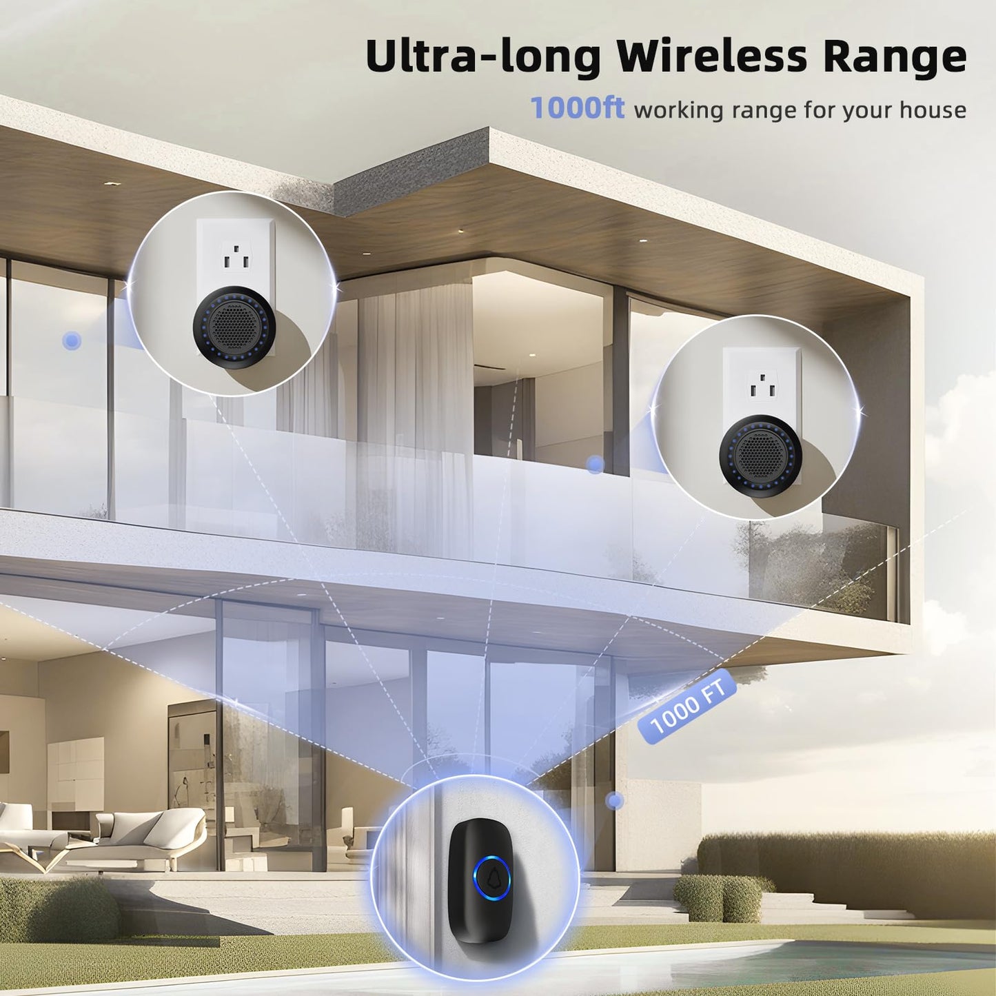 Wireless Doorbell • PHYSEN • Doorbell Chime Kits with 1 Transmitter 1 Receiver • Waterproof • Operating at 1000ft Range • 32 Ringtones • 4 Volume Levels • LED Flash • Door Bell for Home Classroom