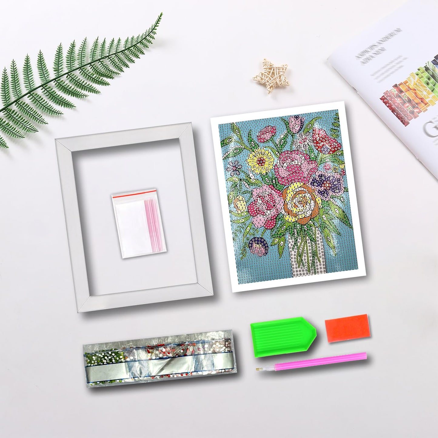 QIOUOL Flower Diamond Art Painting Kits for Kids Adults Beginners with Wooden Frame Girls Art Crafts Rhinestone Gem by Number Kits,Diamond Art Kits for Teens,Birthday Gifts and Office Decor