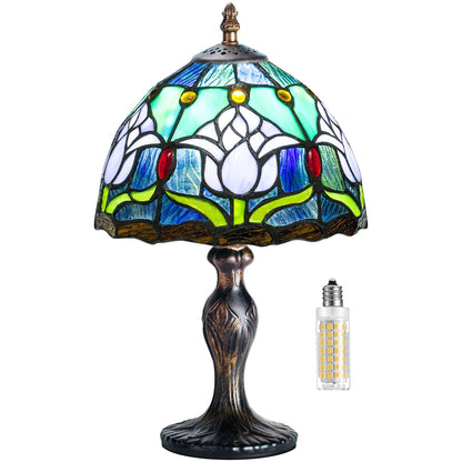 MIAOKE Stained Glass Table Lamp,Stained Glass Crystal Bead Style Table Light, Handmade Desk Bedside Night Light, Antique Art Craft Gifts Lover Living Room Bedroom Bookcase(Blue Tulips)