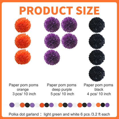 Halloween Decorations Party Black Purple Orange Tissue Paper Pom Poms Polka Dot Garlands for Halloween Baby Shower Classroom 18 pcs