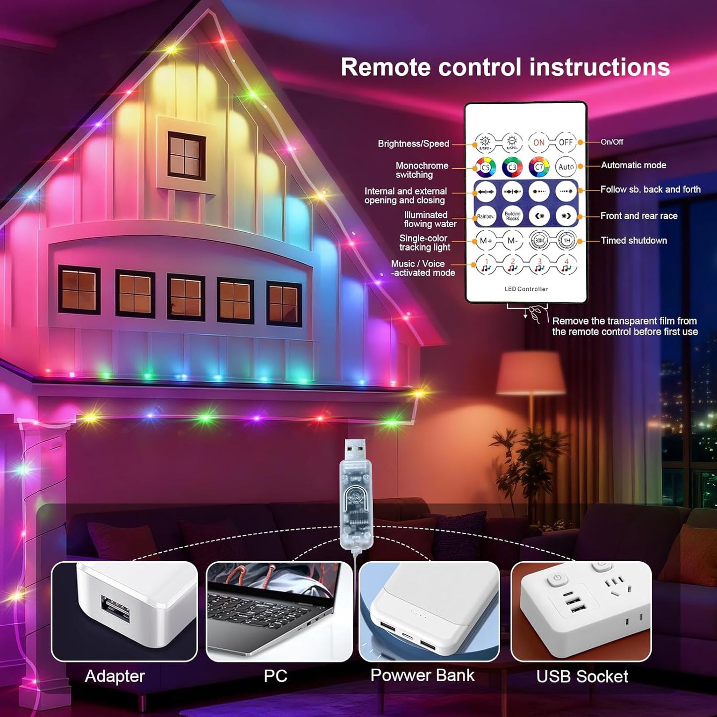 1Pack Lights,16ft 50 USB Plug in Christmas Fairy String LED Color Changing with APP Controlled & Remote Timer, Music