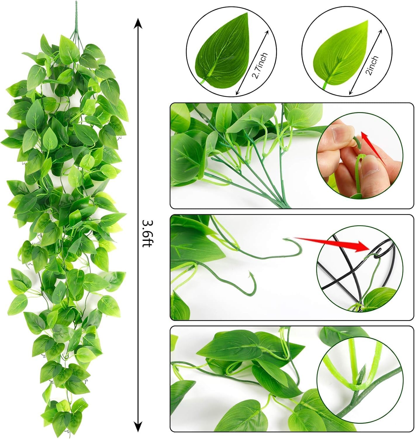 Ageomet 3pcs Artificial Hanging Plants, 3.6ft Fake Ivy Vine for Indoor Outdoor Wall House Room Decoration (No Baskets)