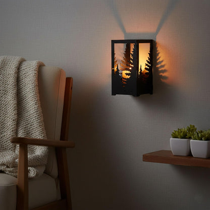 AIM & GGKK Wall Sconce Candle Holder - Set of 2 Black Forest Pine Tree Metal Rustic Candle Sconce for Wall Mount, Geometric Mountain Scene Wall Decor for Living Room, Bedroom