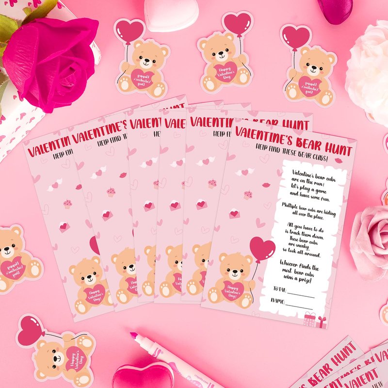COCHIE Valentine's Day Games for Classroom Party Family Adults Office Large Groups, Valentines Bear Bub Hunt Game School Activities with 50 Paper Bears - 25 Players (Bear Hunt)