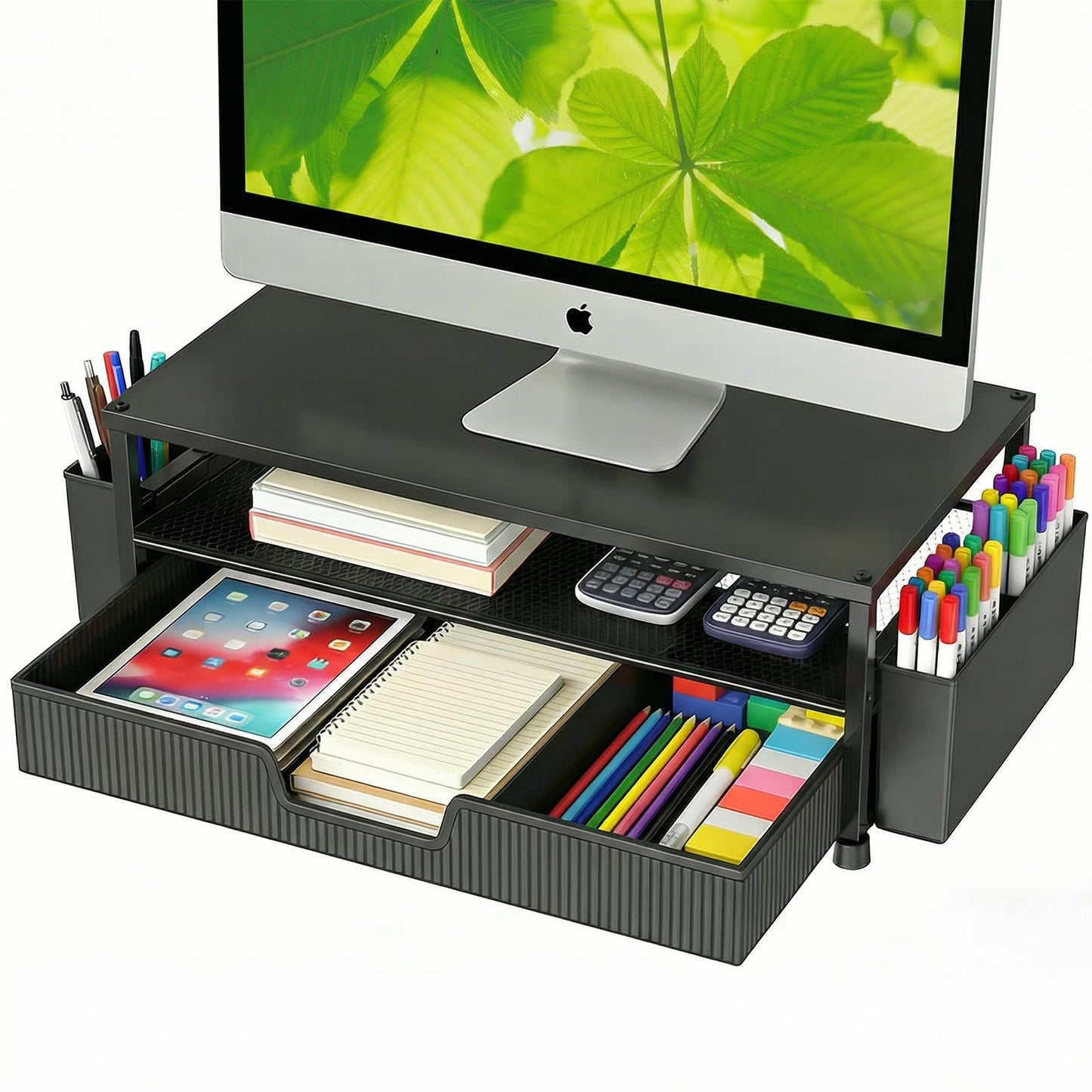 ECOLOVI Desk Organizer and Accessories, 2-Tier Computer Monitor Stand Rise with Storage Drawer & 2 Pen Holders, Laptop & Printer Stand for Desktop, Workspace Organizers for Office Supplies (Black)