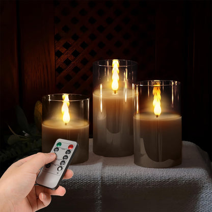 SUNGEGE Flameless Candles, 3-Pack Battery Operated Candles, 3x4/5/6 Inches, Gray, LED Flickering Light, Acrylic Material, Safe for Kids and Pets, Perfect for Home Décor, Events, and Holiday Occasions