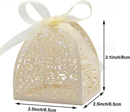 KPOSIYA 100 Pack Laser Cut Rose Candy Favor Boxes 2.5"x 2.5"x 3.1" for Bridal Shower, Anniversary, Birthday Party