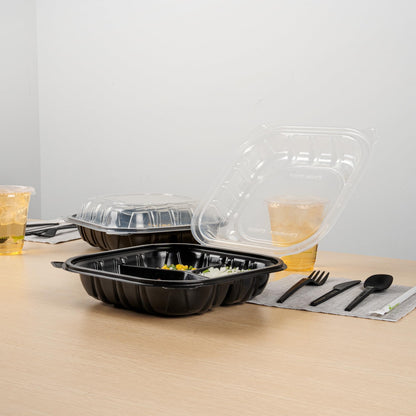 Thermo Tek 40 Ounce Clamshell Containers, 100 Disposable Take Out Boxes - 3 Compartments, Ventilated Lids, Black Plastic Meal Prep Containers, Microwavable, For Pasta Or Salads - Restaurantware