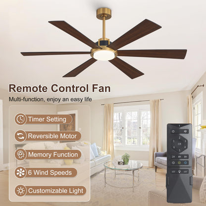 WINGBO 60 Inch Ceiling Fan with Light - 6 Plywood Blades, 6-Speed Reversible DC Motor, Noiseless Remote Control Ceiling Fans with Lights for Bedroom Living Room Kitchen, Gold and Walnut/Black