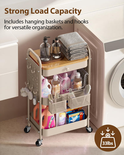 ALVOROG Rolling Cart with Drawer and Wood Table Top, 3 Tier Metal Rolling Utility Cart on Wheels with DIY Pegboards, Hanging Baskets, Hooks for Kitchen, Bedroom, Office, Craft Supplies