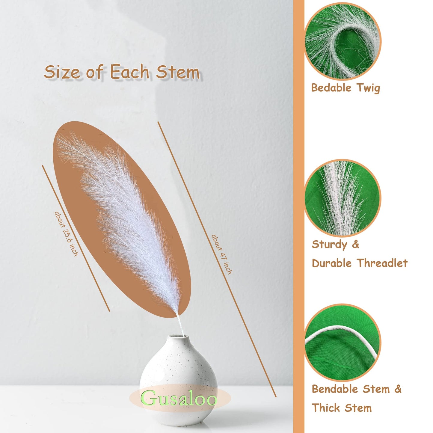 Artificial Faux Pampas Grass Large, 47"/120cm Bundle of 3 Fake Artificial Pampas Grass Tall Fluffy Stems, Floor Vase Filler for Living Room Kitchen Decor Boho Decor Wedding - White