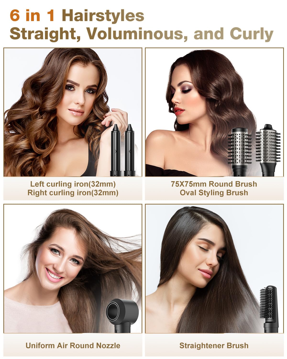 7MAGIC 6 in 1 Multi Hair Styler Dryer Brush, 110,000 RPM High-Speed, Negative Ionic, Fast Drying for Professional Blow Dry, Curling, Volumizing, Straightening and Styling, Gold