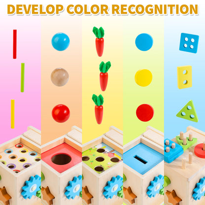 Kizfarm Wooden Montessori Baby Toys, 8-in-1 Wooden Play Kit Includes Object Permanent Box, Coin Box, Carrot Harvest, Shape Sorting & Stacking - Christmas Birthday Gift for Boys Girls Toddlers
