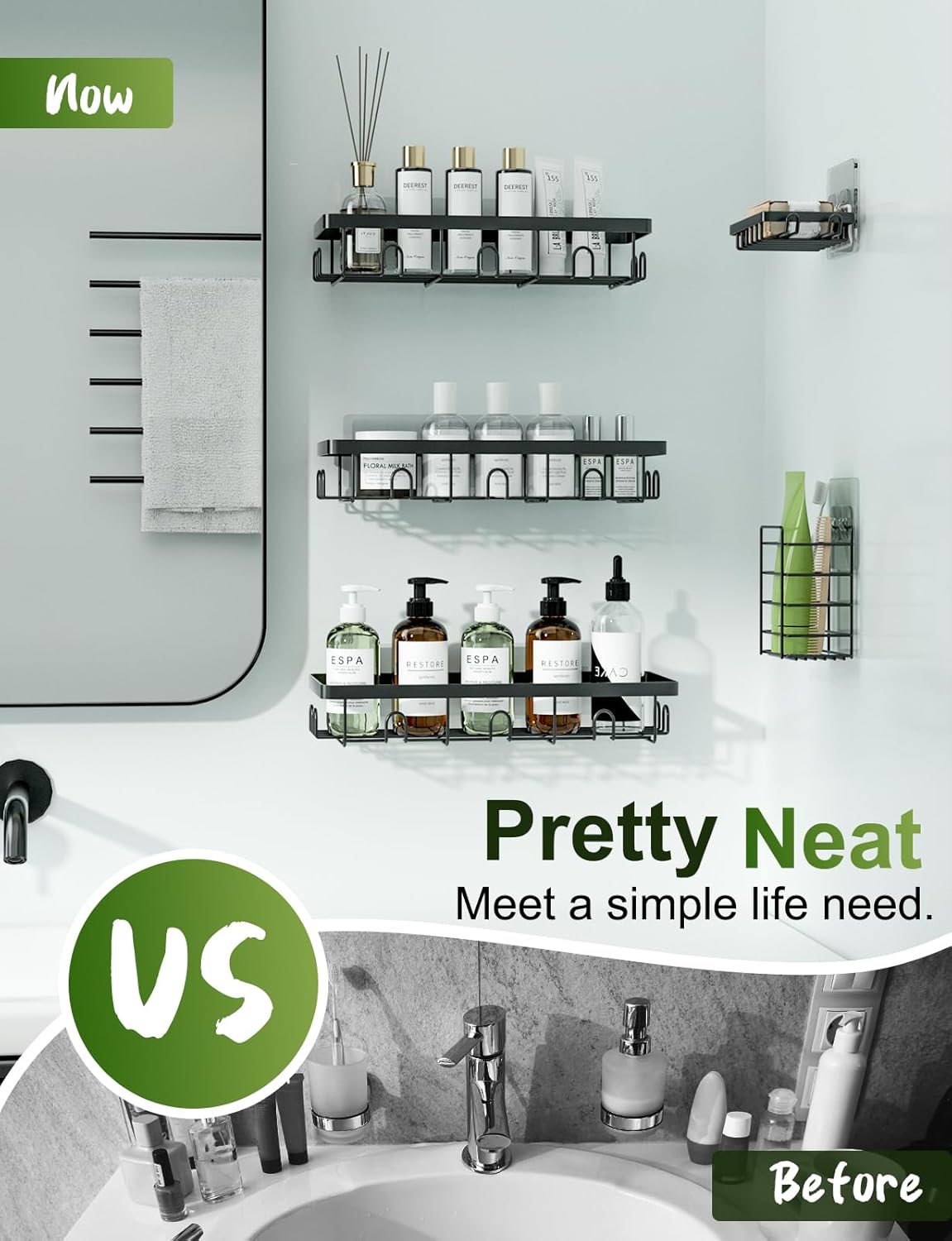 GVY Shower Caddy 5 Pack, Adhesive Organizer Bathroom Shelves, Rustproof Storage for Home Decor, No Drilling Shower