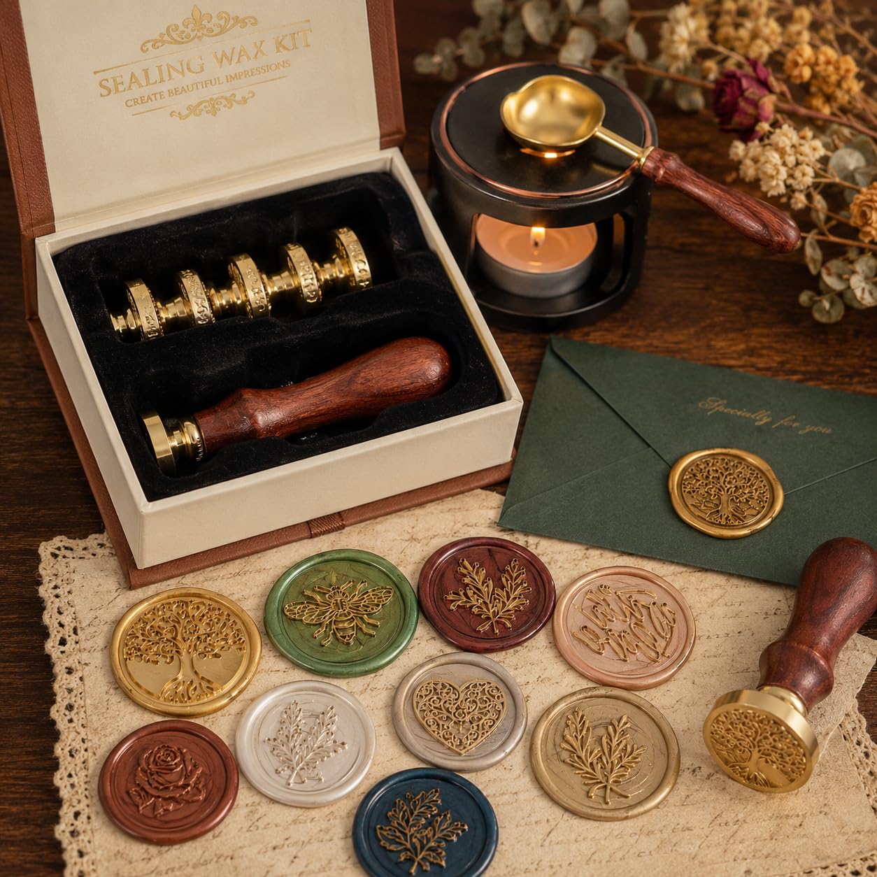SWANGSA Wax Seal Stamp Set, Vintage 6 Pieces Sealing Wax Stamp Heads and 1 Wooden Handle for Weeding Invitations, Letters, Envelopes, Christmas (Tree of Life Set)