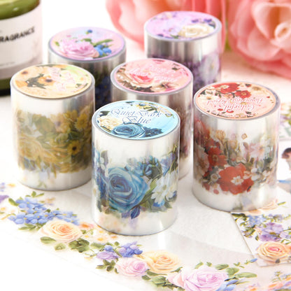 DAPUTOU 6 Rolls PET Washi Tape 50mm Wide Flowers Transparent Ephemera Light Decorative Aesthetic Floral Stickers Set for Junk Journaling, Scrapbook Supplies, Crafting, DIY Projects