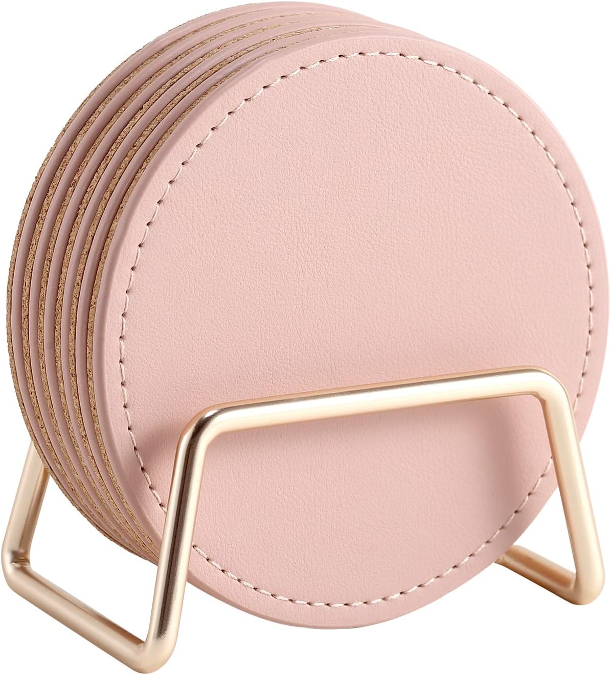 Set 6, Set CASEGRACE Drink Coasters with Metal Holder Stand of PU Leather Absorbent Coasters with Cork Base Table