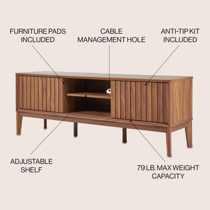 JONATHAN Y Gennaro 58" Mid-Century Wood TV Stand Media Console with Slatted Sliding Doors, Entertainment Center for Living Room with Adjustable Shelves and Cable Management, Walnut TVS1000B