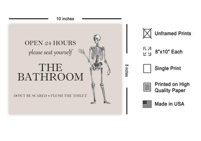 Poster Master The Bathroom Sign Poster - Don't Be Scared Print - Skeleton Art - Halloween Art - Trendy Wall Art - Funny Gothic Bathroom Decorations - Humorous Restroom Decor - 8x10 UNFRAMED Wall Art