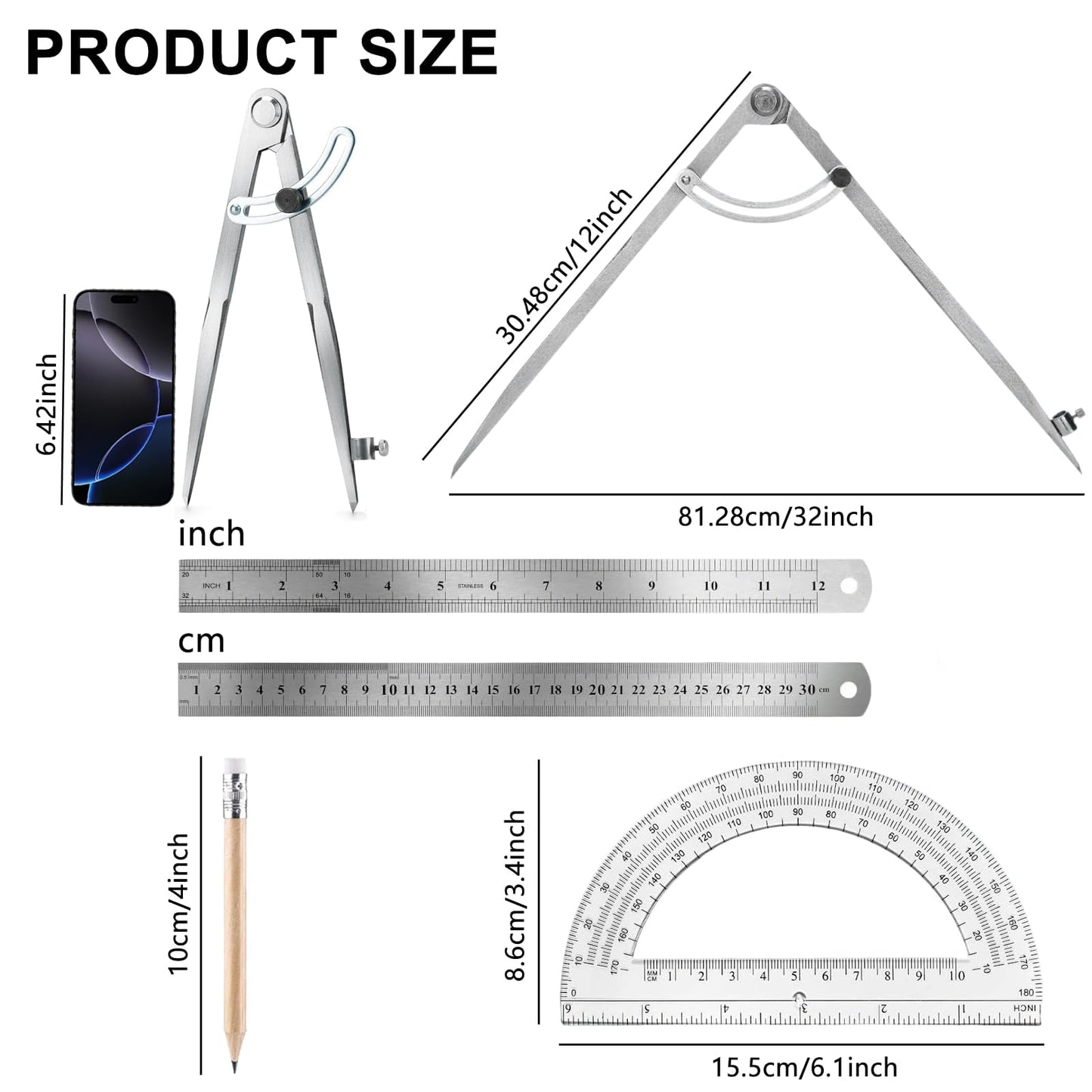 Eikovia Compass Geometry Tool, Drawing Compass, Professional 12 Inch Large Compass with Wing for Woodworking, 6 Inch Protractor, 12 Inch Ruler, 2 Pencil for Carpenter, Drafting