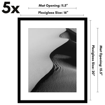 Americanflat 16x20 Picture Frame with Polished Plexiglass - Set of 5 - Use as 12x16 Frame with Mat or Display 16x20 Photo Without Mat - Galleria Collection - Picture Frames for Wall Display - Black