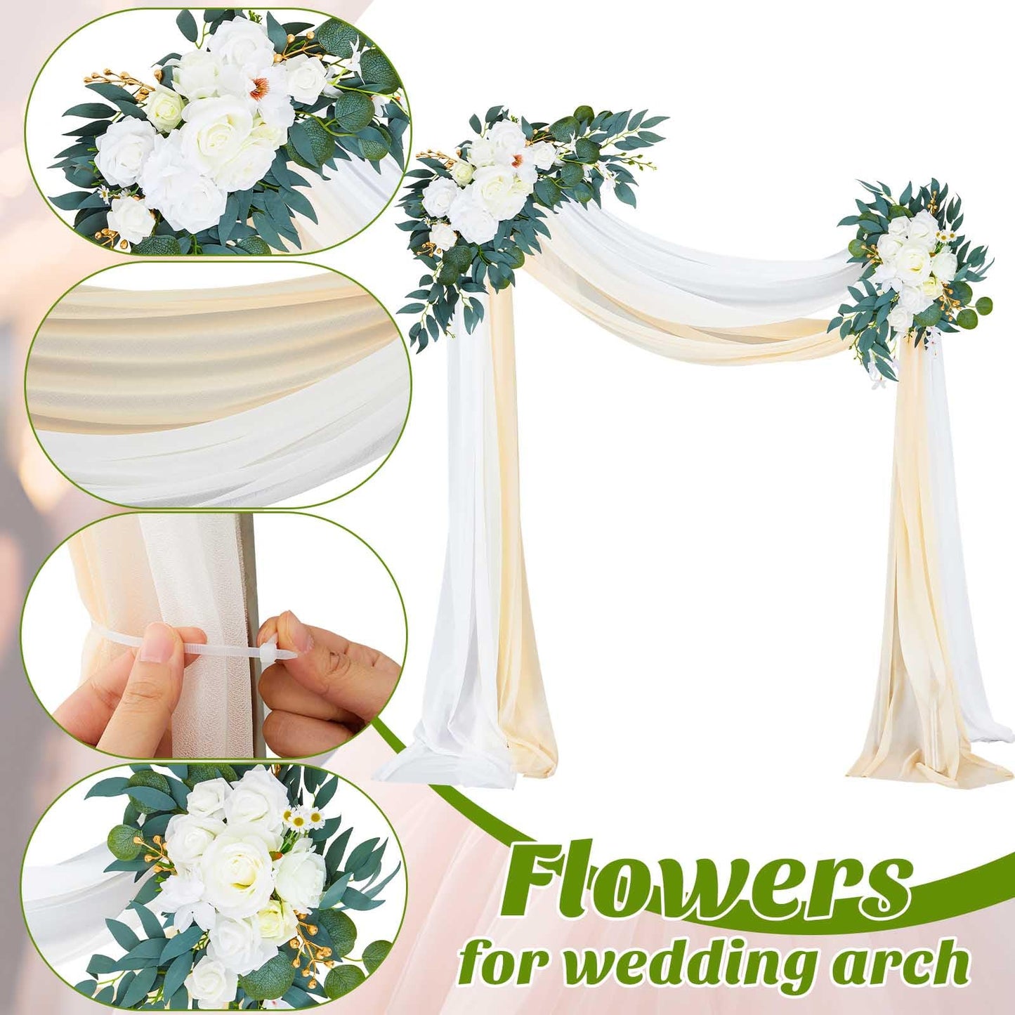 Thiccywoov 4 Pcs Wedding Arch Flowers and Drape Kit Include 2 Artificial Floral Swag and 2 White Chiffon Drapes, Faux Flower Set for DIY Wedding Party Reception Ceremony Backdrop Rose Decoration