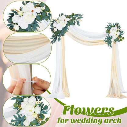 Thiccywoov 4 Pcs Wedding Arch Flowers and Drape Kit Include 2 Artificial Floral Swag and 2 White Chiffon Drapes, Faux Flower Set for DIY Wedding Party Reception Ceremony Backdrop Rose Decoration