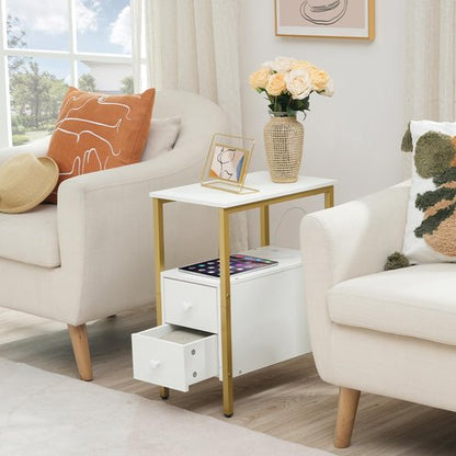 HOOBRO End Table with Charging Station, Narrow Side Table with 2 Drawer & USB Port & Power Outlets, Nightstand for Small Spaces, Stable and Sturdy, for Living Room, Bedroom, Gold and White DW541BZ01