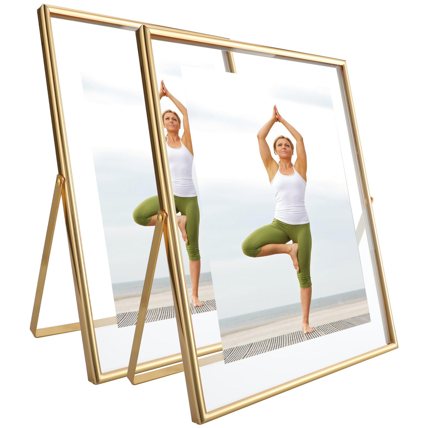 AhaGo Gold Floating Frame, 8"×10", Set of 2, Portrait, For Picture 7x9, 6x8, 5x7, Tabletop Shelf Photo Frames, Classy for Father Day, Wedding or Birthday