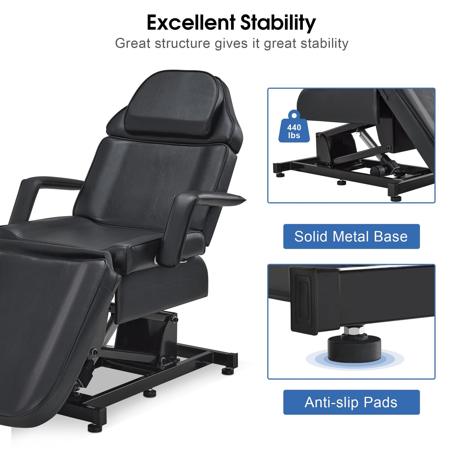 BarberPub Fully Electric Facial Bed with 3 Motor for Esthetician, Electric Tattoo Chair for Client, Facial Bed for Esthetician, Electric Adjustment 2751 (Black, Height (Flat): 24"–33")