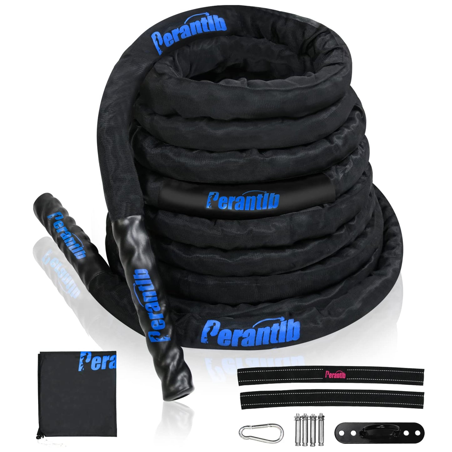 Perantlb Battle Rope with wear-Resistant Nylon Protective Sleeve ，Heavy Battle Rope for Strength Training Home Fitness Exercise Rope， Anchor Strap Kit Included (2" x 50 ft Length)