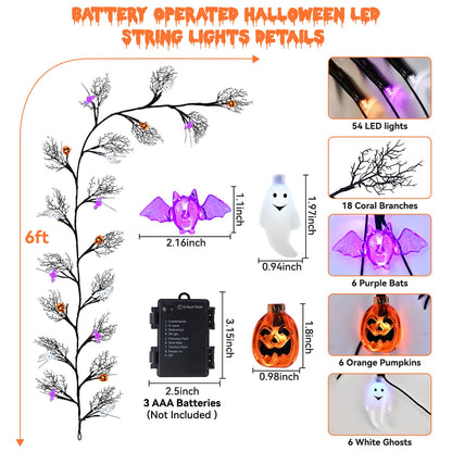 6 FT 54 LED Halloween Lights, 8 Modes & Timer Battery Operated Halloween Pumpkins Bats Ghosts Lights with Willow Vine Twig, 3D Waterproof Decorations Lights for Indoor Wall Party Fireplace Mantle