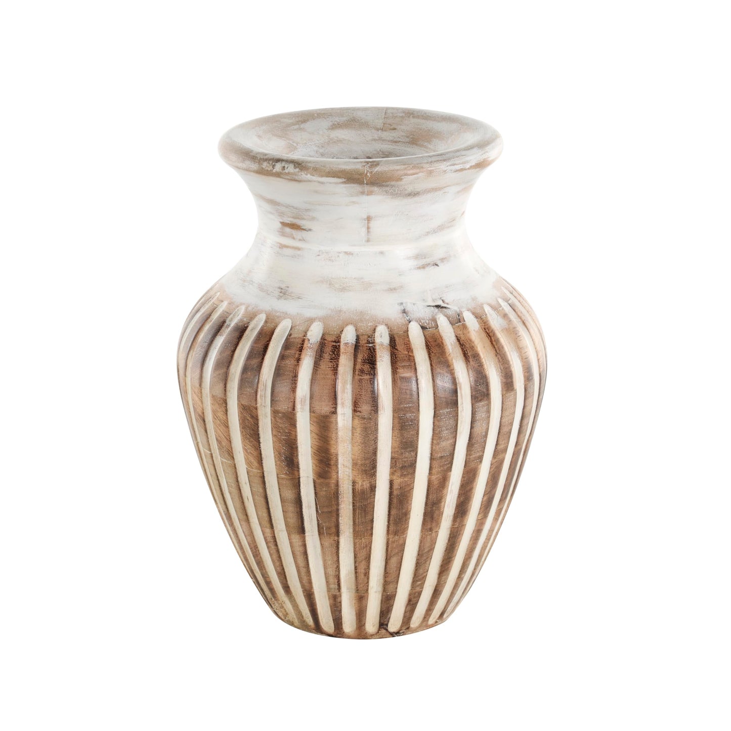 Deco 79 Mango Wood Decorative Vase Distressed Centerpiece Vase with Carved Grooves, Vase for Home Decoration 8" x 8" x 11", Brown