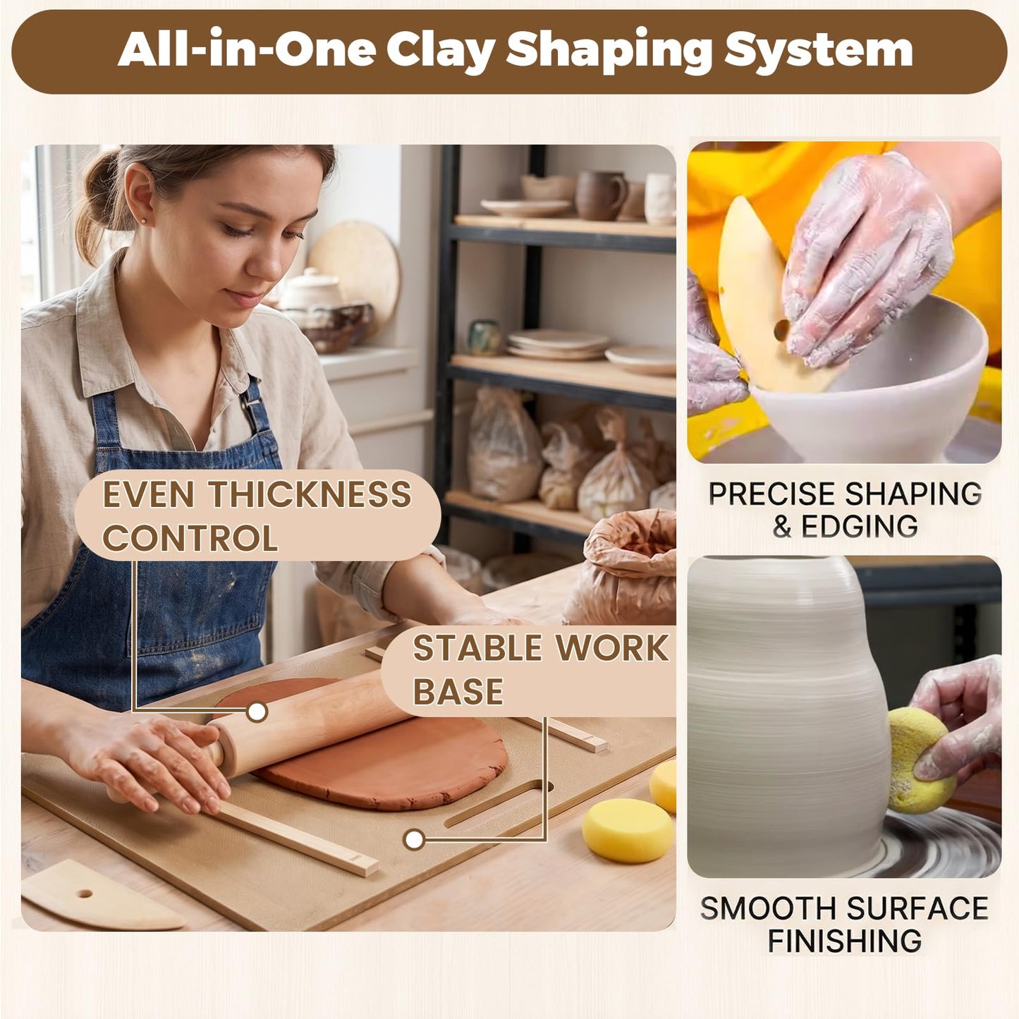 15 Pcs Wooden Pottery Tools Set – Clay Rolling Pin with Thickness Guides, Clay Wedging Board with Handle, Wooden Pottery Rib & Sponges – Ceramic & Polymer Clay Sculpting Kit