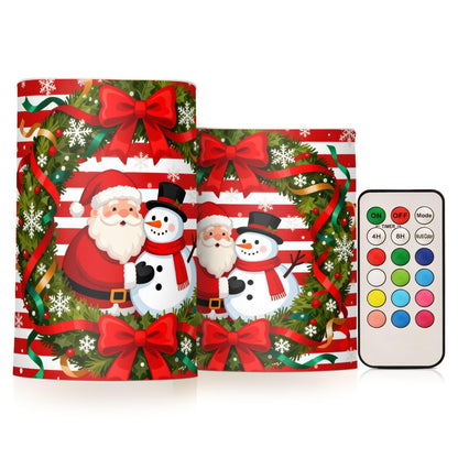 Flickering Flameless Candles, Christmas Santa Snowman Bow Wreath LED Candles with Remote Timer, Set of 2 Battery Operated Candle for Valentine Wedding Birthday