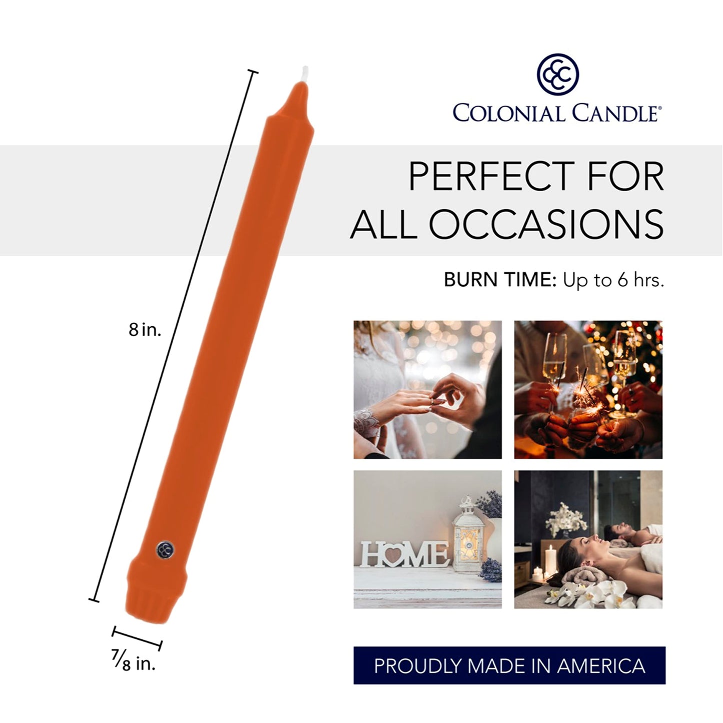 Colonial Candle Unscented Taper Candle, Classic Collection, Pumpkin, 8 In, Pack of 12 - Up to 6 Hours Burn