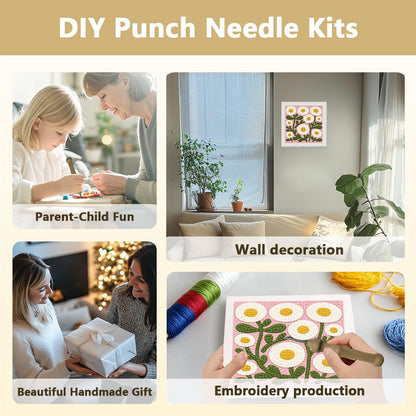 DOODLREAM Round Flower Needle Kit for Beginner, 9.4"x 9.4" Cute Floral Punch Stitching Craft Set, DIY Embroidery Starter with Printed Frame, Instruction, Threader, Yarn, Pinch Needle