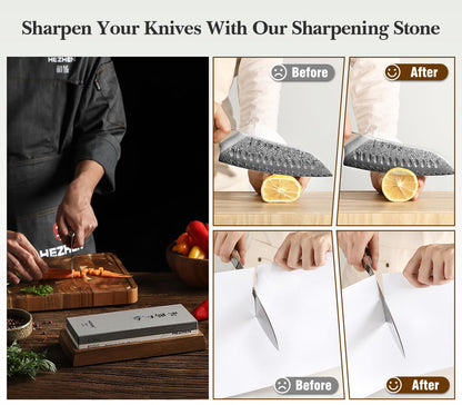 HEZHEN Extra Large Double-sided White Corundum Whetstone Knife Sharpening Stone Grit 1000/5000 Waterstone- 7.9x3.1x1.2 inch Knife Sharpener- Non-slip Acacia Wood Base & Flattening stone & Angle Guide