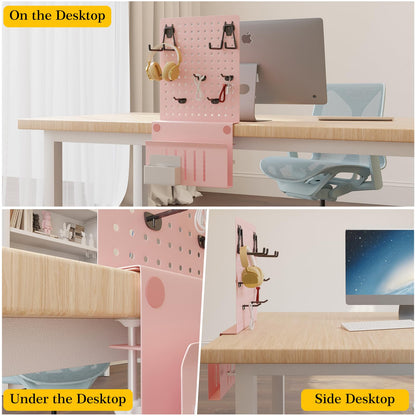 Desk Side Storage Under Desk Laptop Holder, No Drill Hanging Desk Organizer with Pen Holder, Clamp-On Table Side Tray Desktop Organization Mount for Office and Home (White)