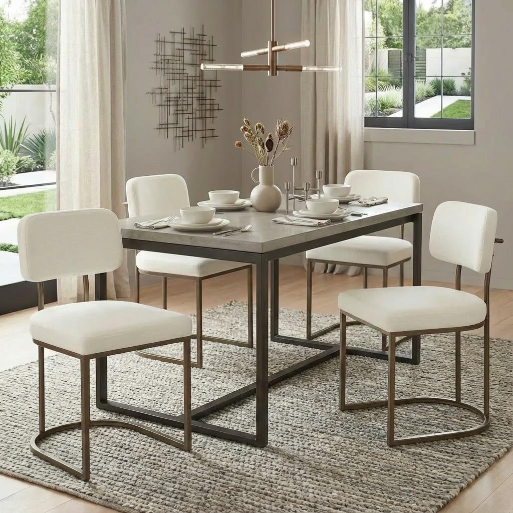 KISLOT Dining Chairs Set of 4, Upholstered Modern Kitchen Chairs with Ergonomic Backrest, Fabric Cushion & Wire Drawing Curve Metal Legs for Living Room, Restaurant, Café, Ivory, 2Boxs