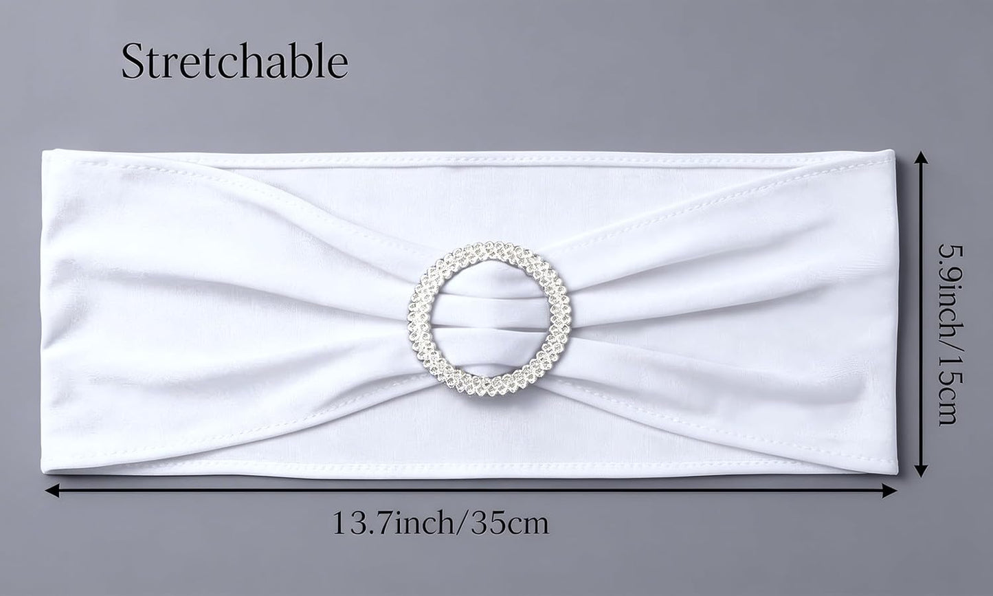 Skiennix White Spandex Chair Sashes - Pack of 50 Stretch Bands for Weddings & Events