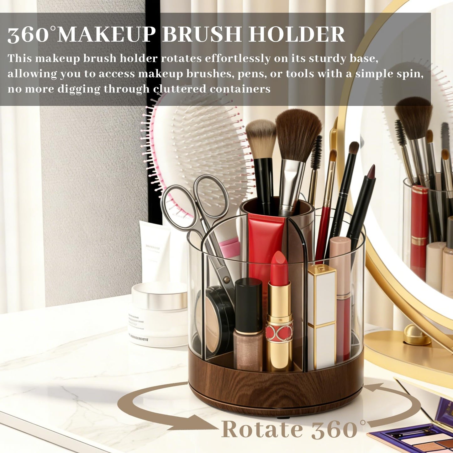 NULANCITIDE 360 Spinning Makeup Brush Holder, Acrylic Organizer with 6 Removable Compartments, Rotating Pen Holder for Desk, Bathroom Vanity Desktop Organizer for Cosmetics Art, Walnut