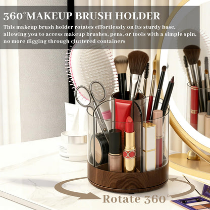 NULANCITIDE 360 Spinning Makeup Brush Holder, Acrylic Organizer with 6 Removable Compartments, Rotating Pen Holder for Desk, Bathroom Vanity Desktop Organizer for Cosmetics Art, Walnut