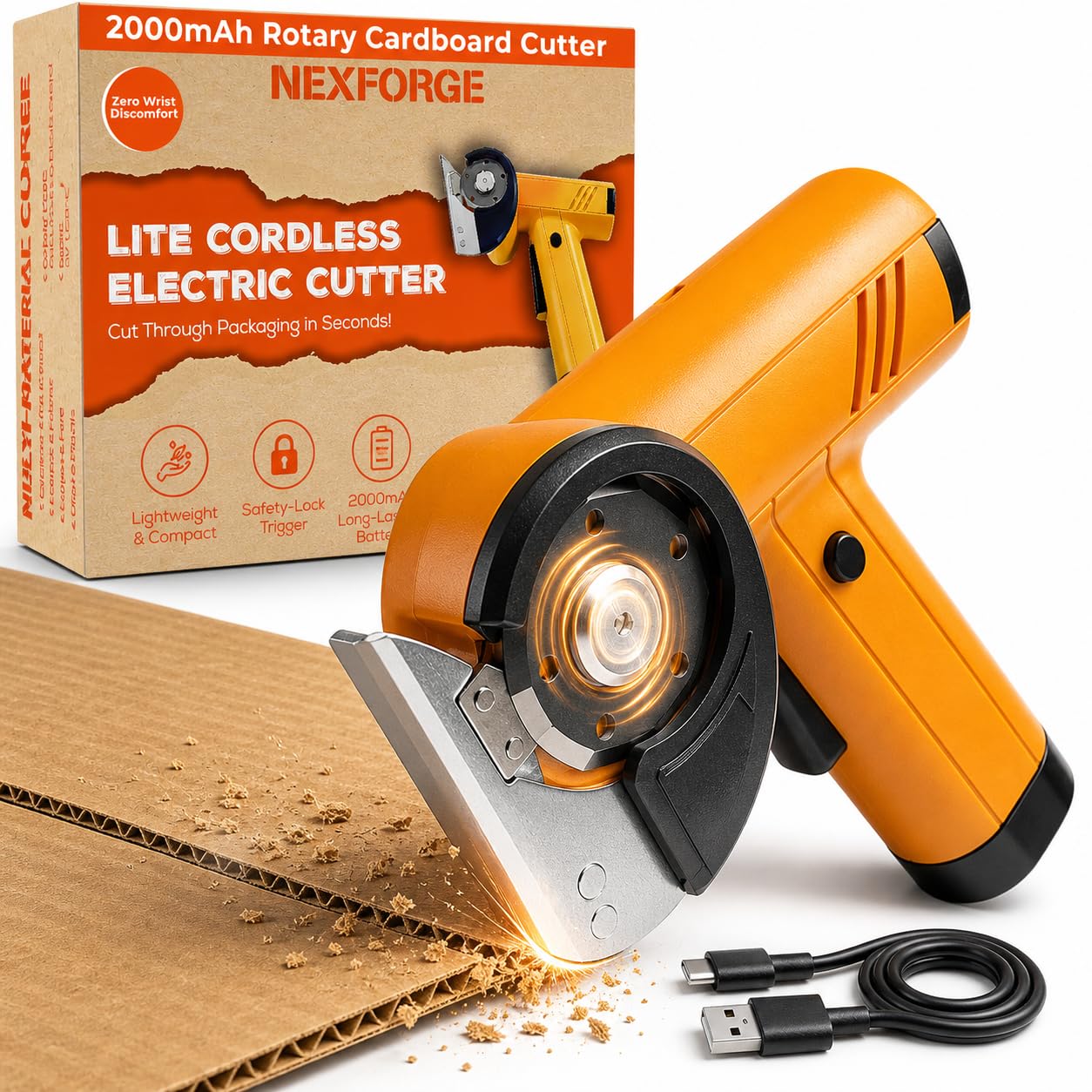 NEXFORGE Cordless Electric Box Cutter for Cardboard - Rechargeable Rotary Cardboard Cutter - Compact Electric Cutting Tool with 2000mAh Battery and Safety Guard