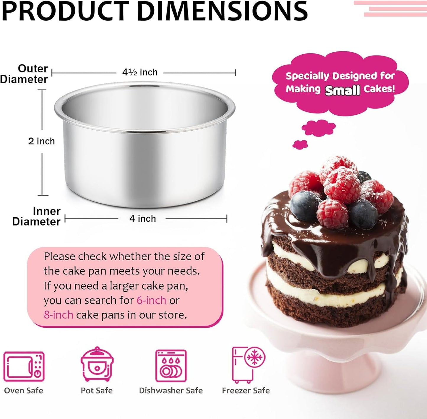 E-far 4 Inch Small Cake Pan Set of 4, Stainless Steel Mini Round Baking Pans, Non-Toxic & Healthy, Dishwasher Safe