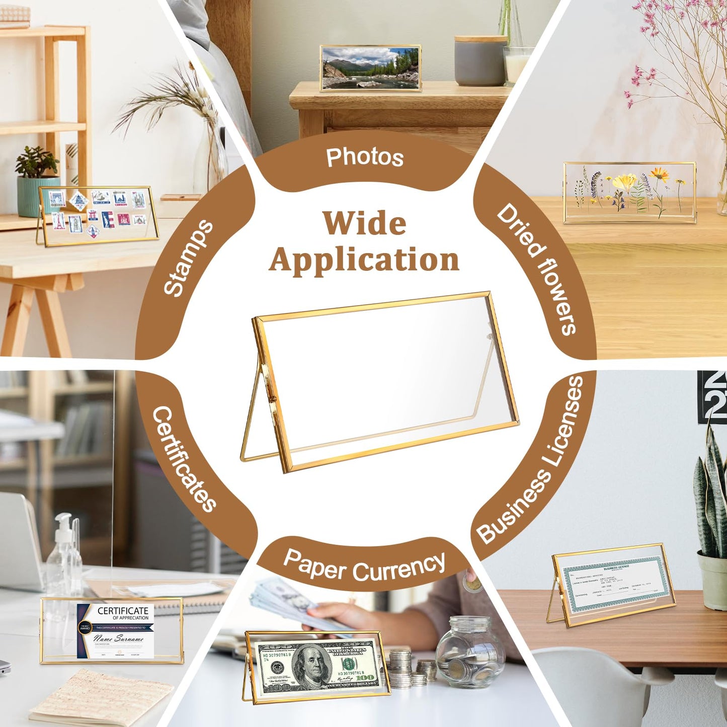 OGANAZI Double-Glass Dried Flower Frame, Brass Floating Frames for Pictures, Pressed Flowers, Leaves, Arts, Stamps, 4x 9 inches Decorative Tabletop Display Holder for Home Plant Specimen (FRAME ONLY)